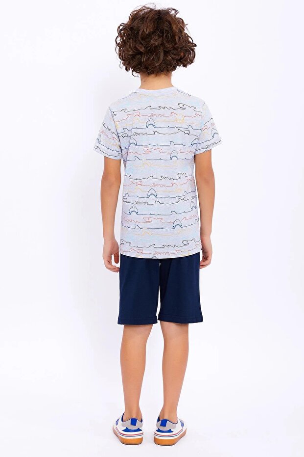 2725-2 Gray Navy Shark Patterned Shorts Set - 5