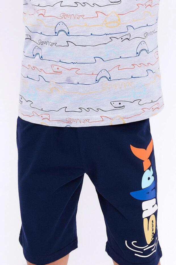2725-2 Gray Navy Shark Patterned Shorts Set - 4