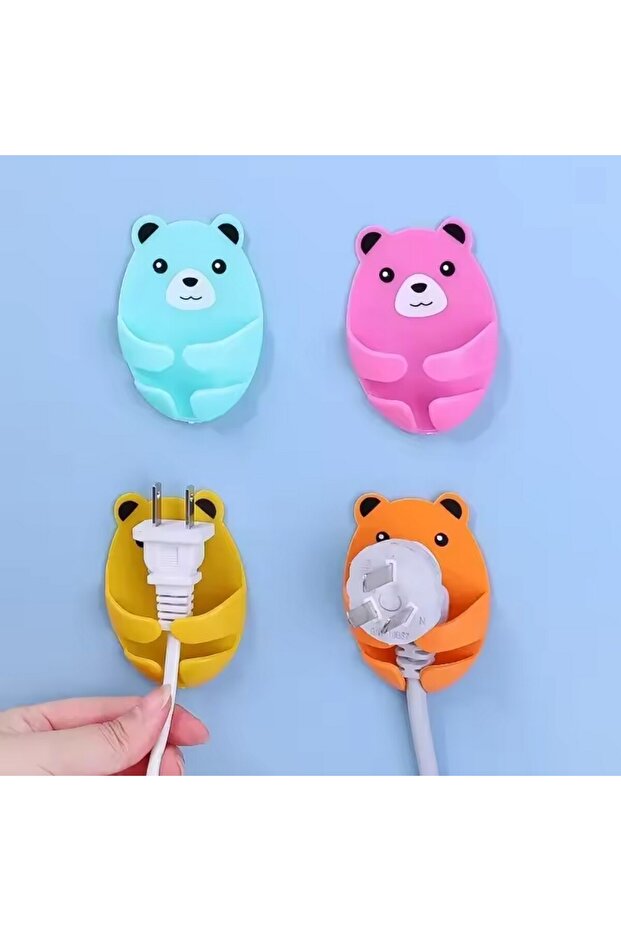 منظم حامل قابس الكابلات منقوش على شكل دمية دب، 4 قطع، قابس، كابل، حامل ملحقات لاصق قوي - 2