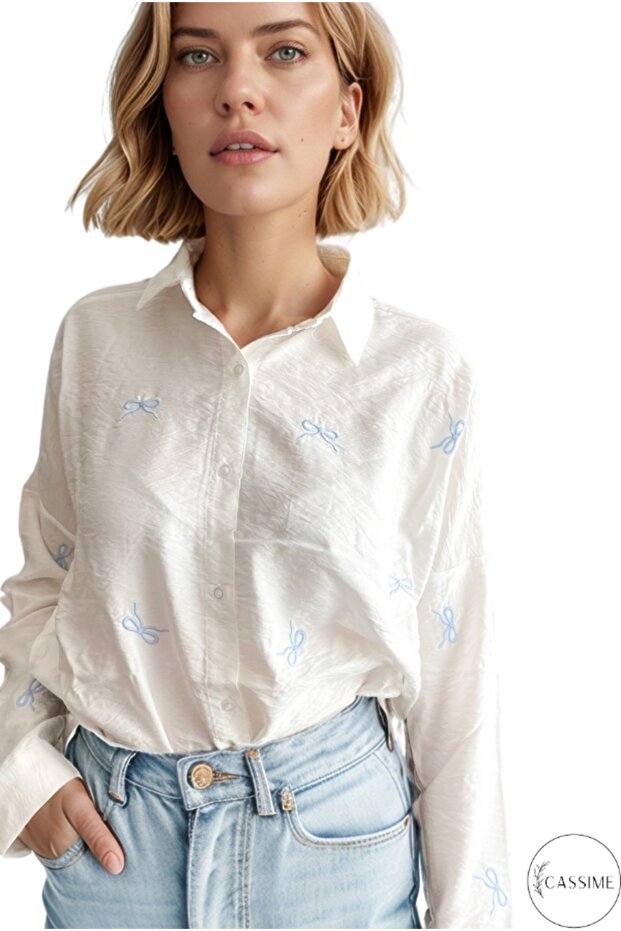 Women's Ribbon Embroidered Oversize Ayrobin 100% Cotton Long Sleeve White Shirt