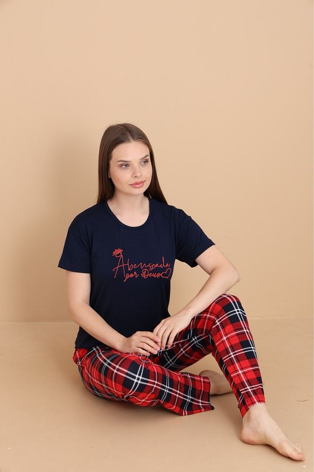 Kırmızı Ekose desenli likralı viskon pijama takımı - 2