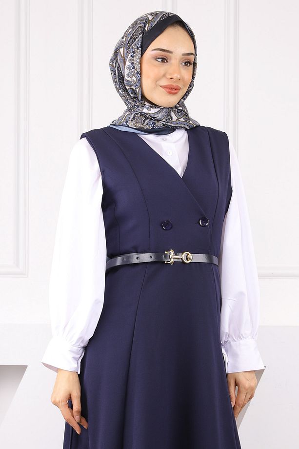 Lacivert Önü Düğmeli Kemerli Jile Elbise - 4