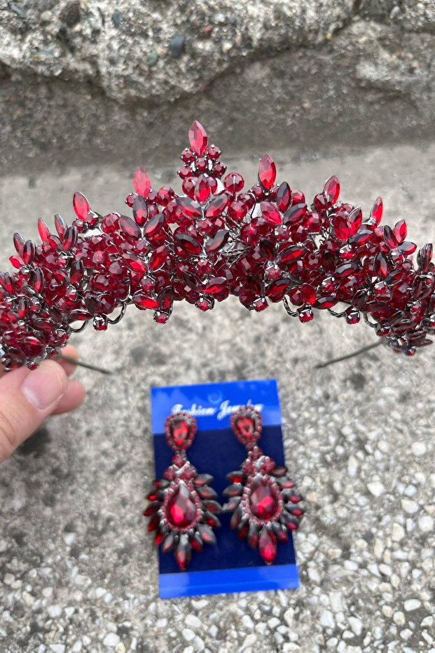 Aldonsa Burgundy Bridal Henna Crown Special Occasion Accessory Women's Crown and Wide Shuttle Earring Set