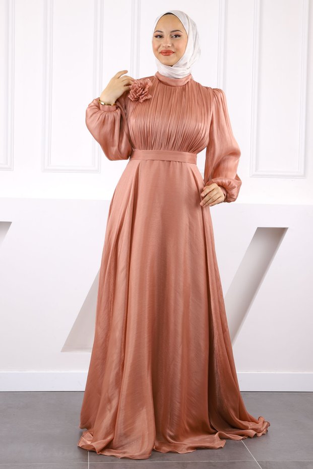Salmon Chiffon Evening Dress with Draped Front and Belt