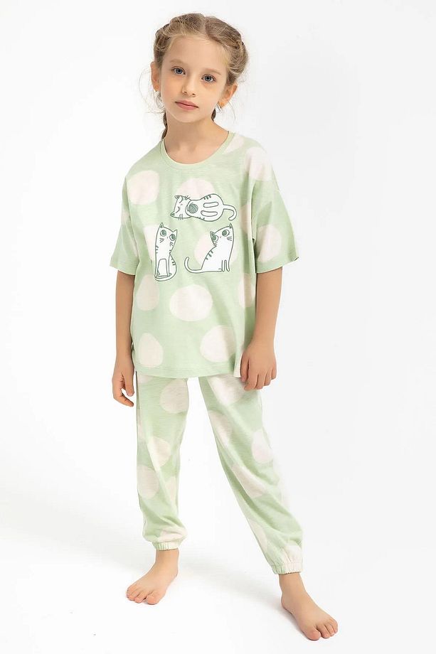2790 Kedi Desenli Paçası Lastikli Pijama Takım (Anne Kız Kombin Yapılabilir) - 5