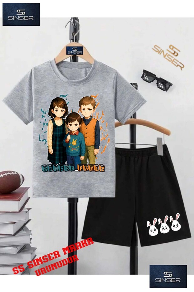 Children's “Sinser Famly“ Special Printed Crew Neck T-Shirt - Shorts Set