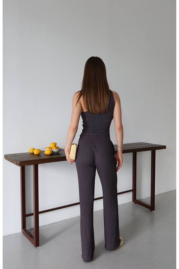 Kadın Tek Omuz Dokulu Kumaş Alt Üst Takım Crop Pantolon - 3