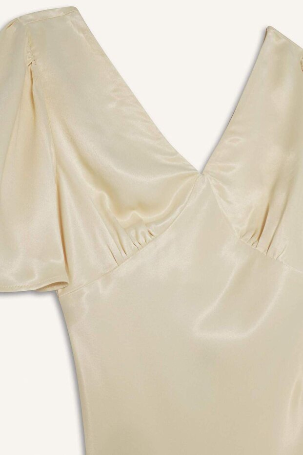 V Yaka Saten Kısa Kollu Midi Elbise F6036AX25SM - 7