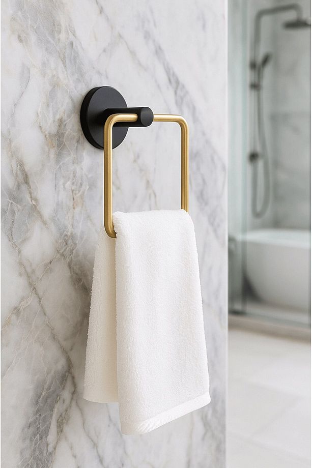 Elegant Siyah-Gold Kare Havluluk - Paslanmaz Çelik Havlu Askısı, Yapışkanlı ve Vidalı 130-AS - 1