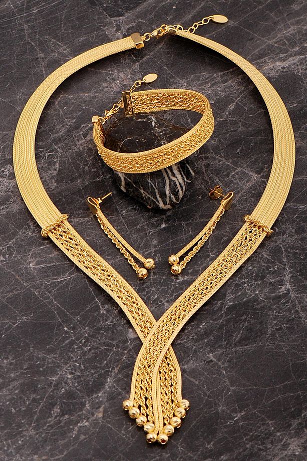 Hasır Dorissa Halat Model Altın Kaplama Elişi Gümüş Set 2849 - 1