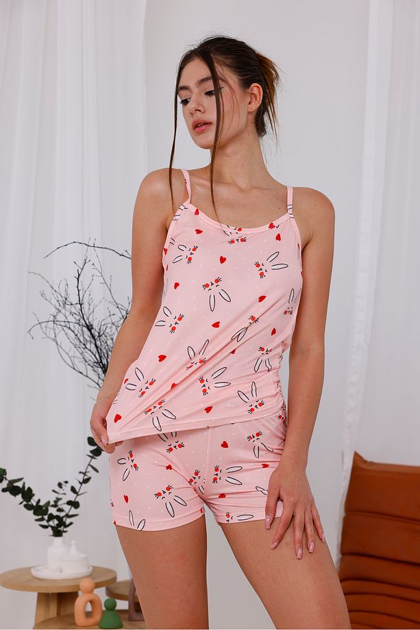 Pink Rabbit Baskılı Yumuşak Dokulu İp Askılı Şortlu Örme Pijama Takımı - 1