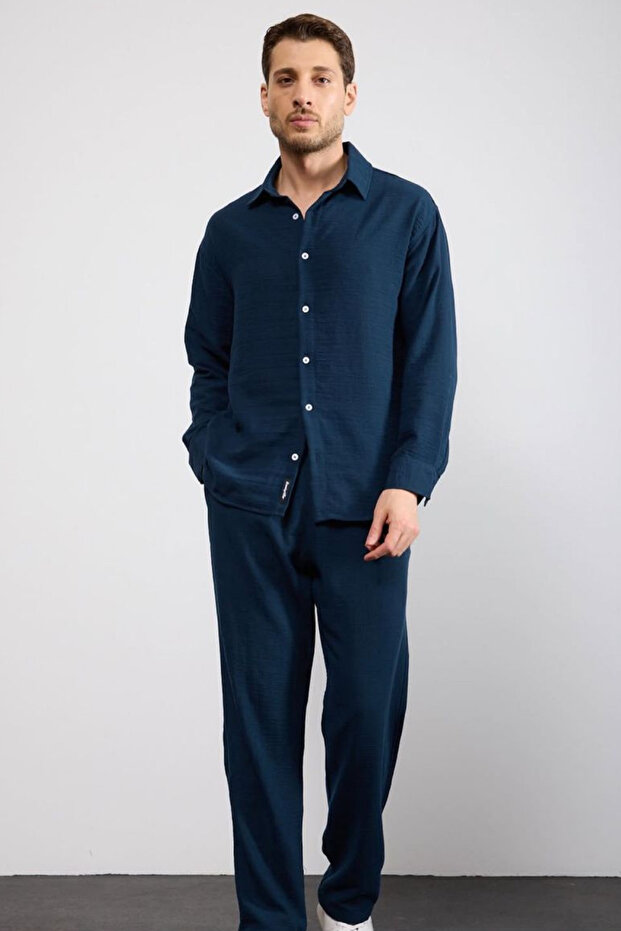 Men's Linen Relaxed Fit Baggy Pants and Long Sleeve Oversize Shirt Bottom Top Set