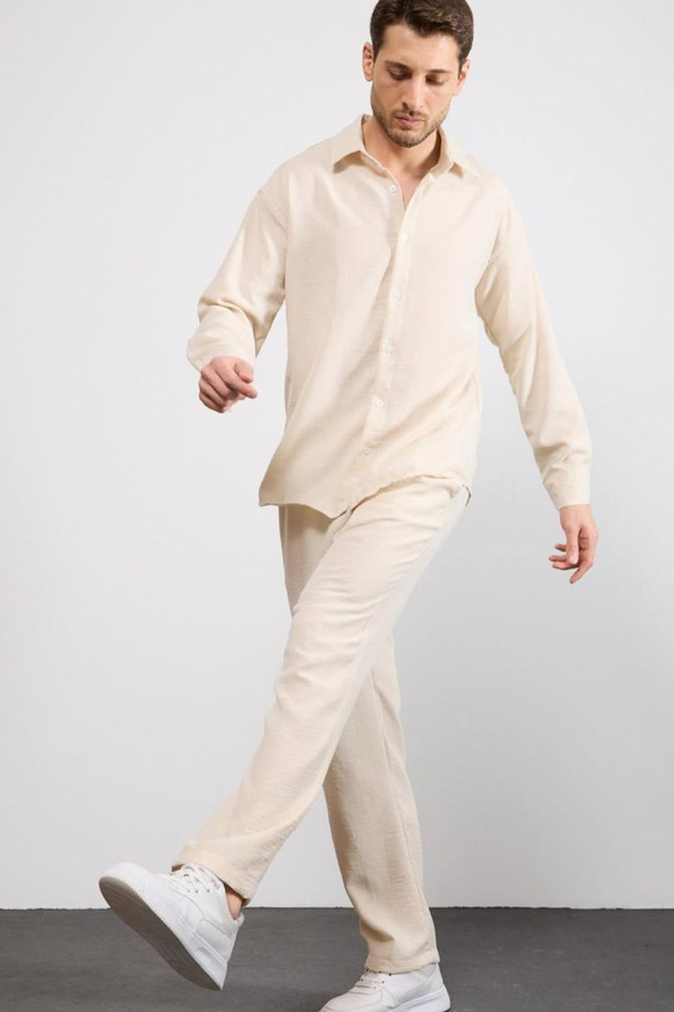 Men's Linen Relaxed Fit Baggy Pants and Long Sleeve Oversize Shirt Bottom Top Set