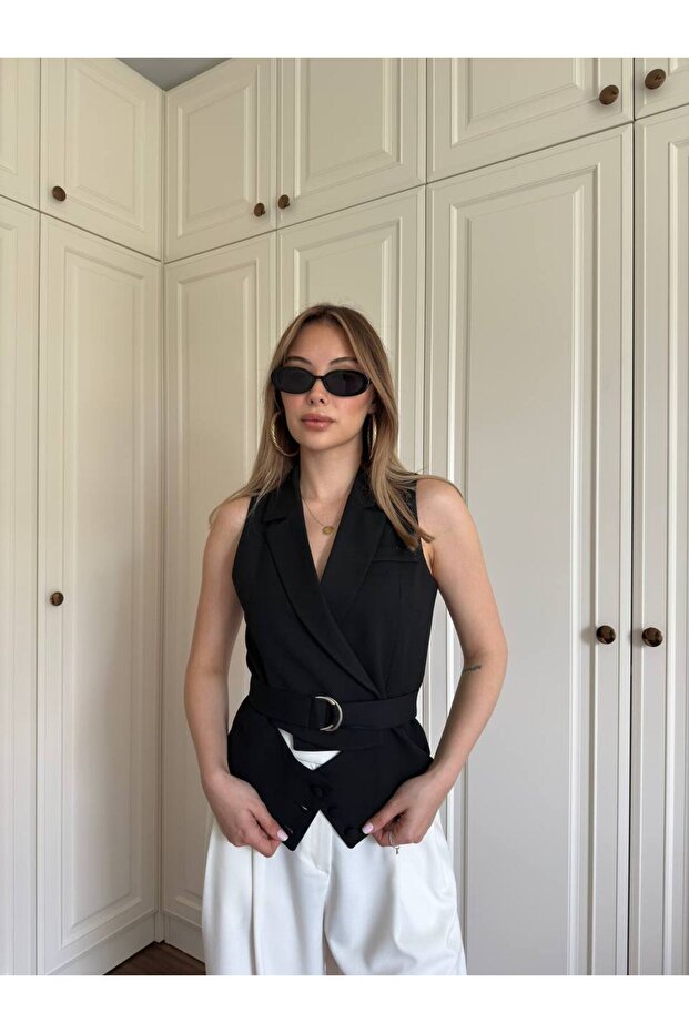 Black/Camel Vest with Cotton Fabric Belt