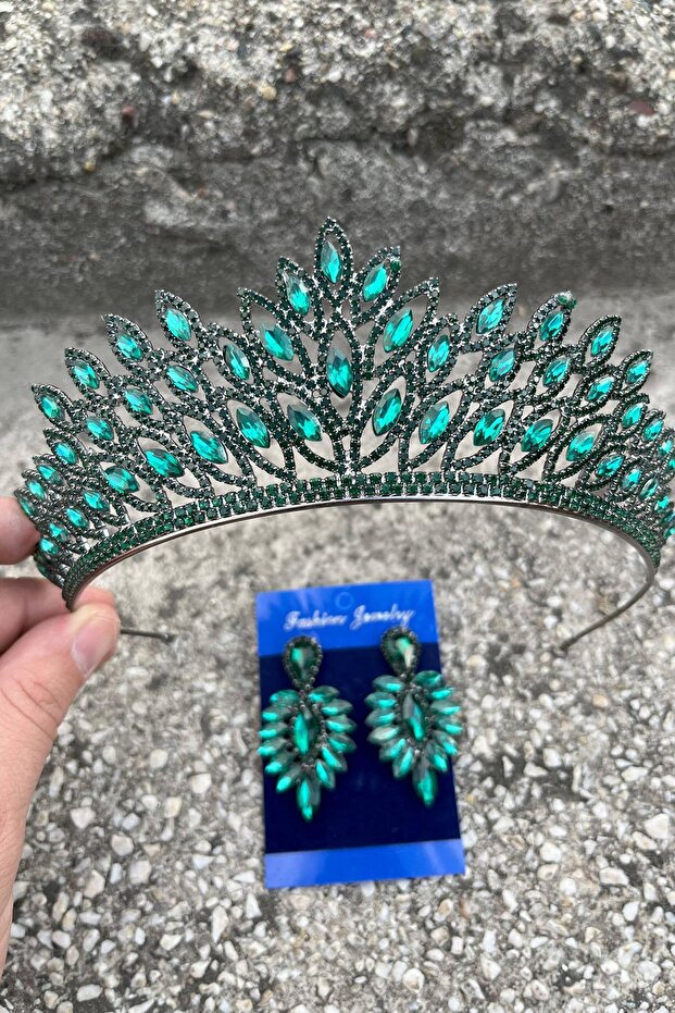 Alexa Green Bridal Henna Crown Special Occasion Accessory Women's Crown and Thin Shuttle Earring Set