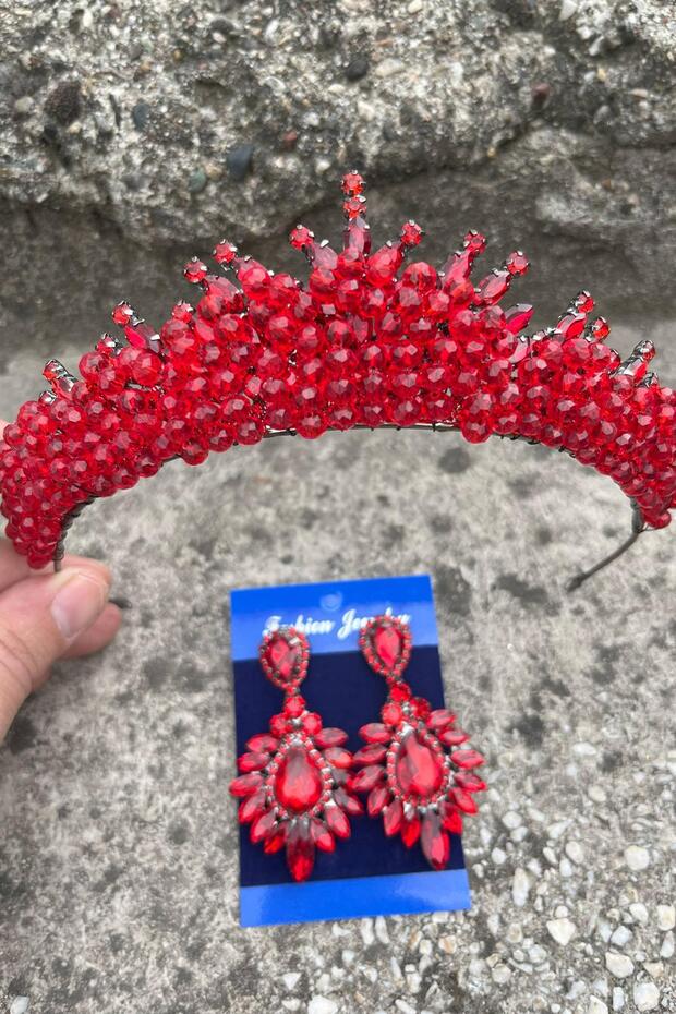 Alyce Red Bridal Henna Crown Special Occasion Accessory Women's Crown and Wide Shuttle Earrings Set