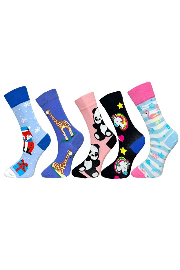 5'li Unisex Esnek Hayvan Unicorn Flamingo Desenli Karışık Renkli Nefes Alabilen Soket Çoraplar - 1