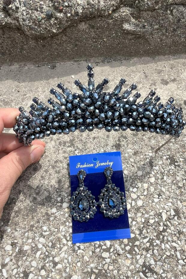 Alyce Navy Blue Bridal Henna Crown Special Occasion Accessory Women's Crown and Drop Shuttle Earring Set