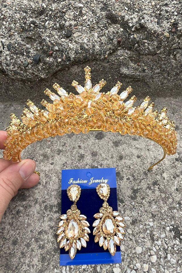 Alyce Gold Bridal Henna Crown Special Occasion Accessory Women's Crown and Wide Shuttle Earrings Set