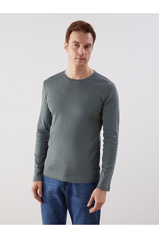Green Crew Neck Basic Long Sleeve Men's T-Shirt from Plus-Store