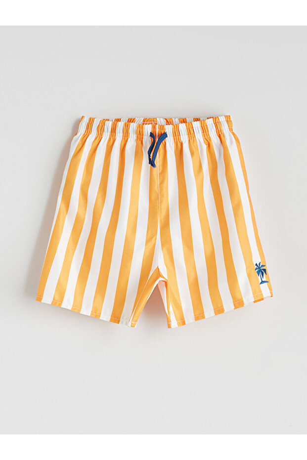 Orange Striped Boys' Swimming Shorts with Elastic Waist