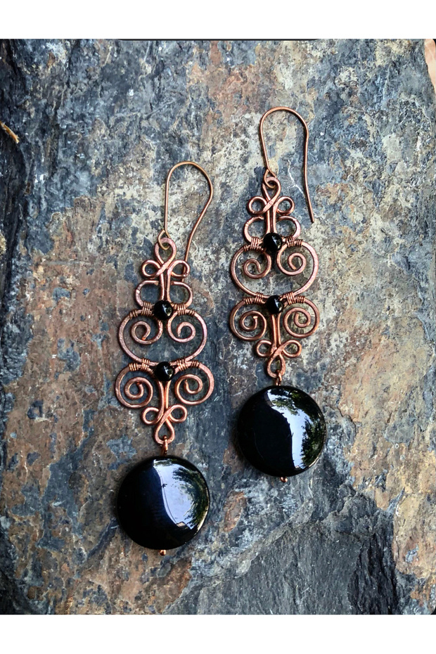Onyx Natural Stone Handmade Copper Wire Wrap Earrings
