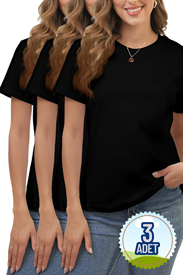 Women's Adult Basic Set of 3 Plain Short Sleeve Tshirt- Cotton Anti-Sweat Basic Women's Black T-Shirt (3 Pcs)
