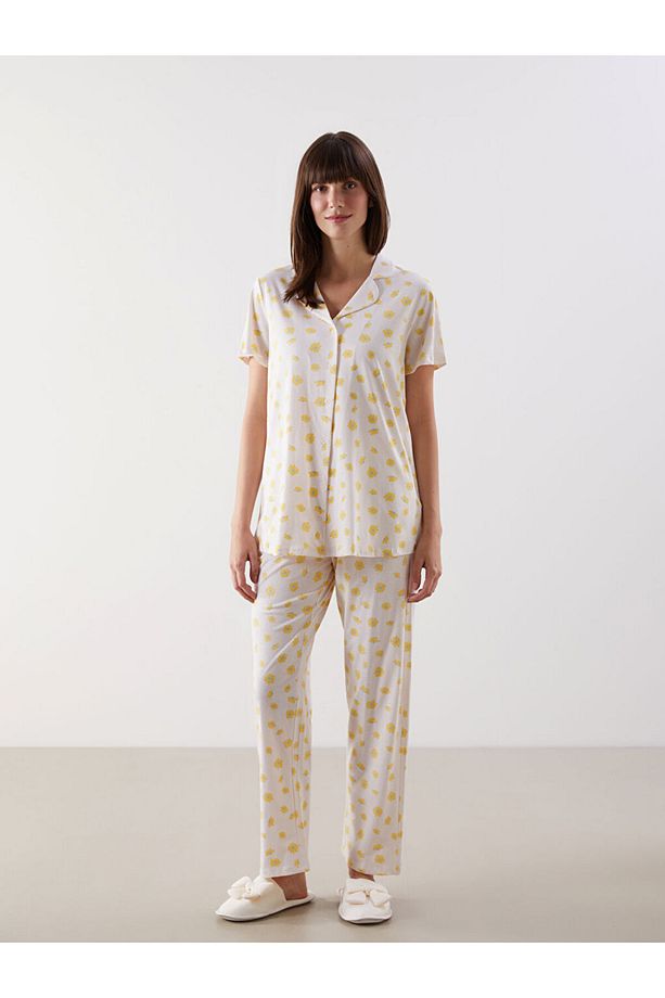 Gömlek Yaka Çiçekli Hamile Pijama Takımı - 1