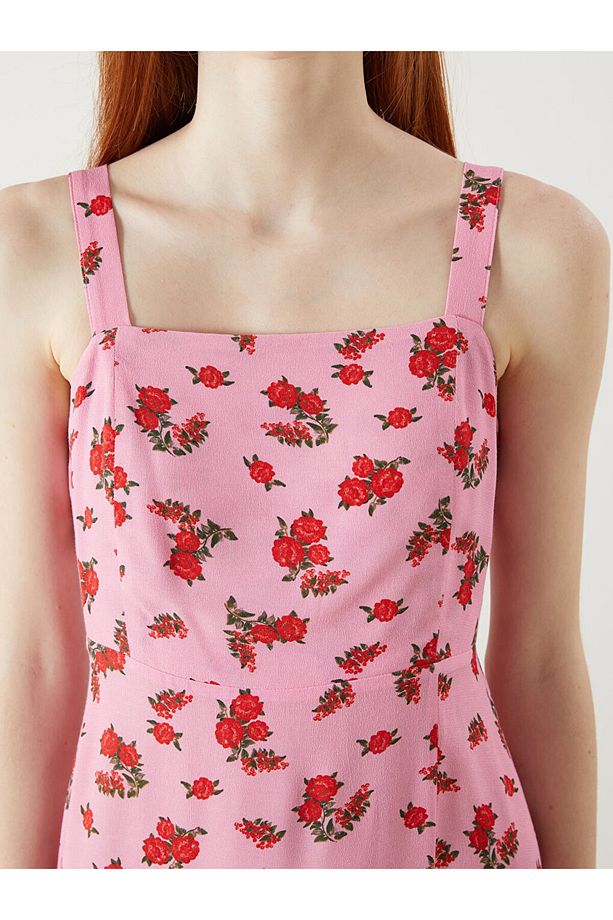 XSIDE Pembe Kare Yaka Çiçekli Elbise - 3