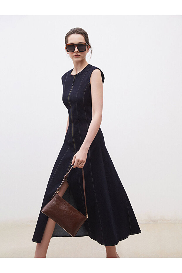 Navy Blue Crew Neck Women's Jean Dress