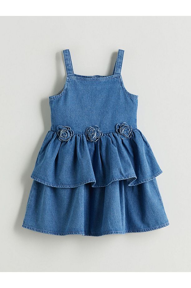 Çiçek Aplikeli Kız Çocuk Jean Elbise - 1