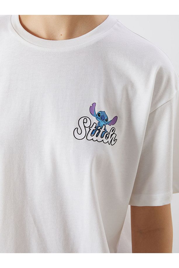 XSIDE Ekru Bisiklet Yaka Lilo & Stitch Baskılı Kadın Tişört - 3