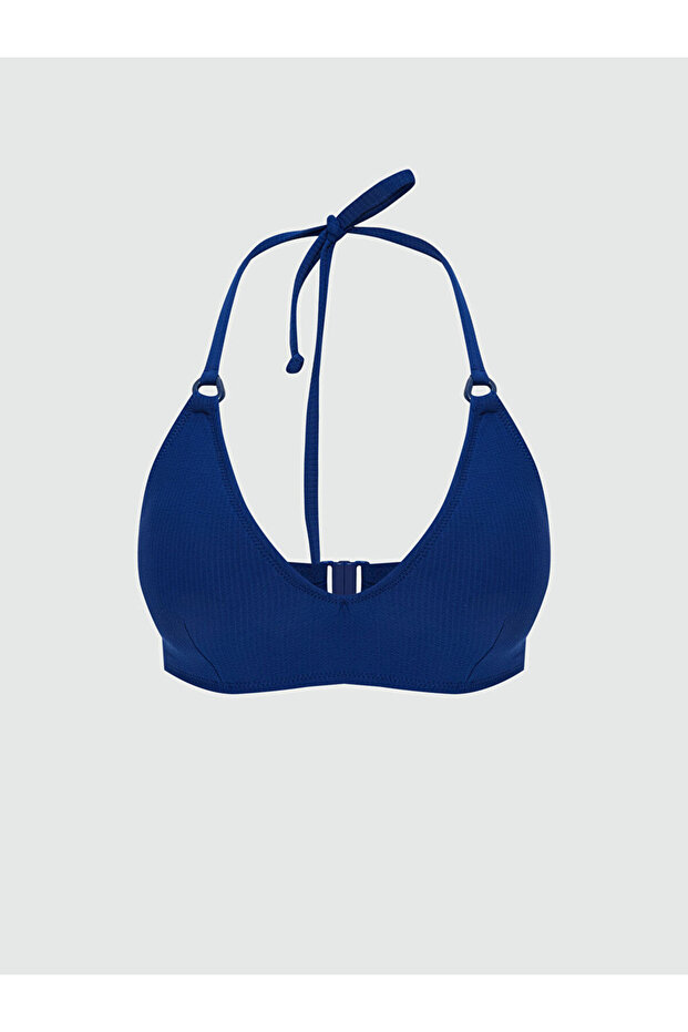 Navy Blue Plain Halter Neck Detailed Women's Bikini Top