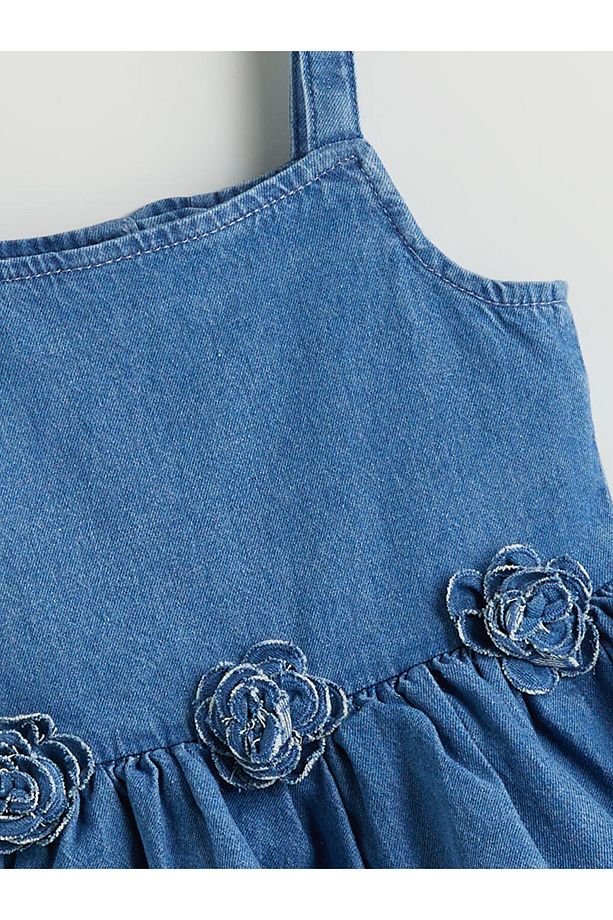 Çiçek Aplikeli Kız Çocuk Jean Elbise - 2