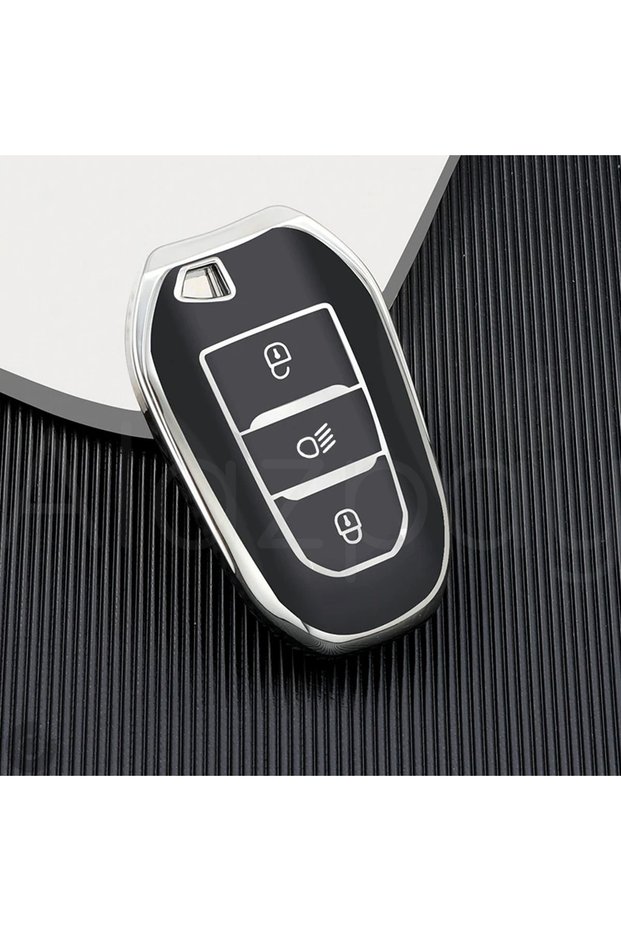 Peugeot Compatible 2008, 3008, 4008, 5008, 208, 308, 408, 508, Rifter Silver Edge Tpu Key Case Cover (Black)