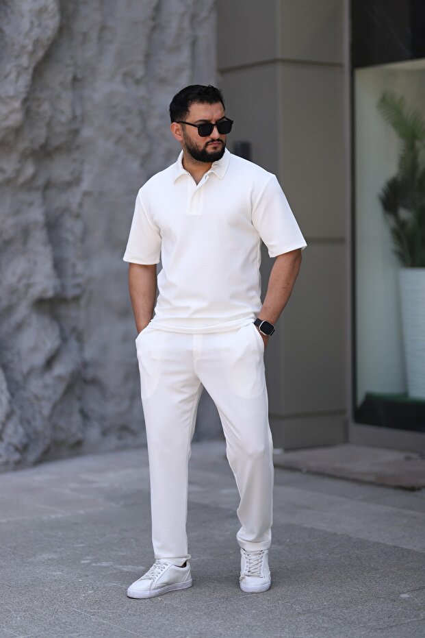 Men's Polo Neck T-Shirt, Relaxed Fit, Snap Detail, Bottom Top Suit