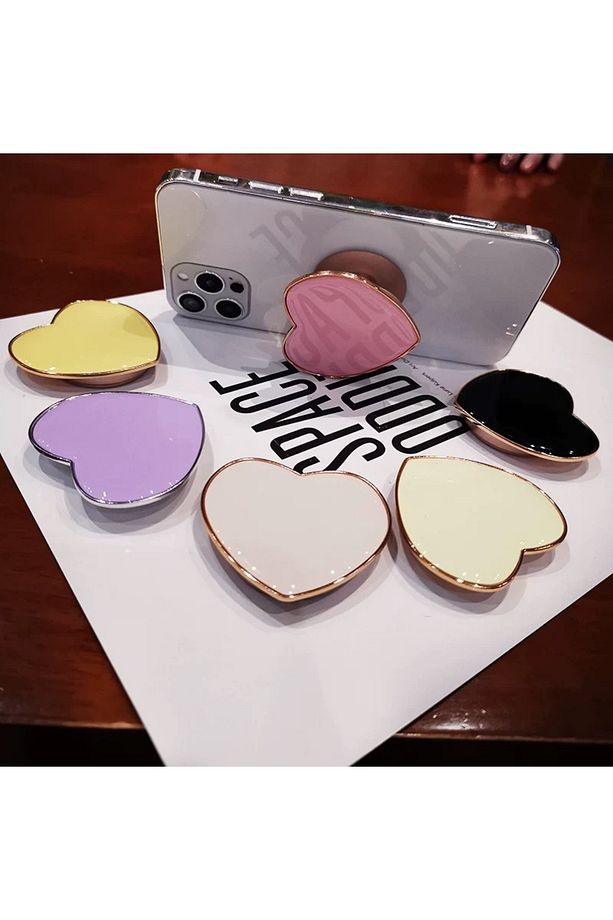 Popsocket Altın Kenarlı Kalp Desenli Renkli Telefon Tutacağı Sert Yüzey Yapışkanlı Parmak Tutucu - 3