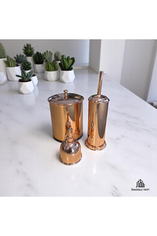 Bakır Çöp Kovası Bakır Fırça Bakır Sıvı Sabunluk Metal Premium Set Bronz Bakır - 2