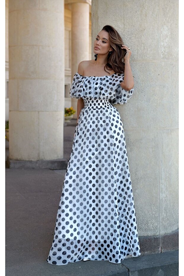 Madonna Collar Polka Dot Pattern Long Dress