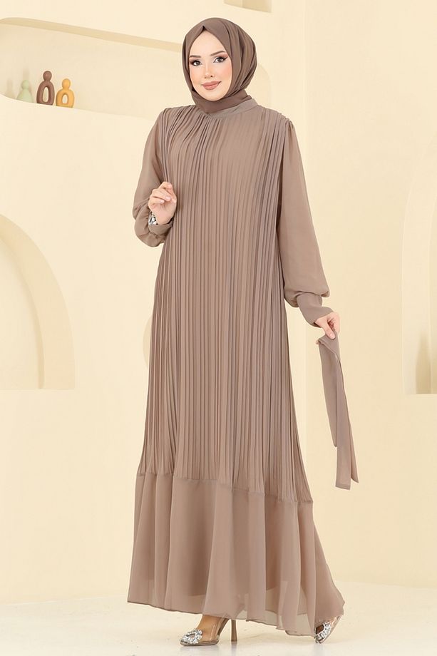 Piliseli Şifon Abiye Elbise 2150MP806 Koyu Vizyon - 2