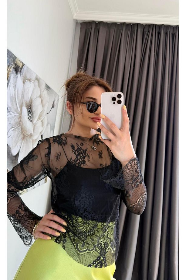 Regular Fit Kayık Yaka Dantel Esnek Örme Siyah - 4