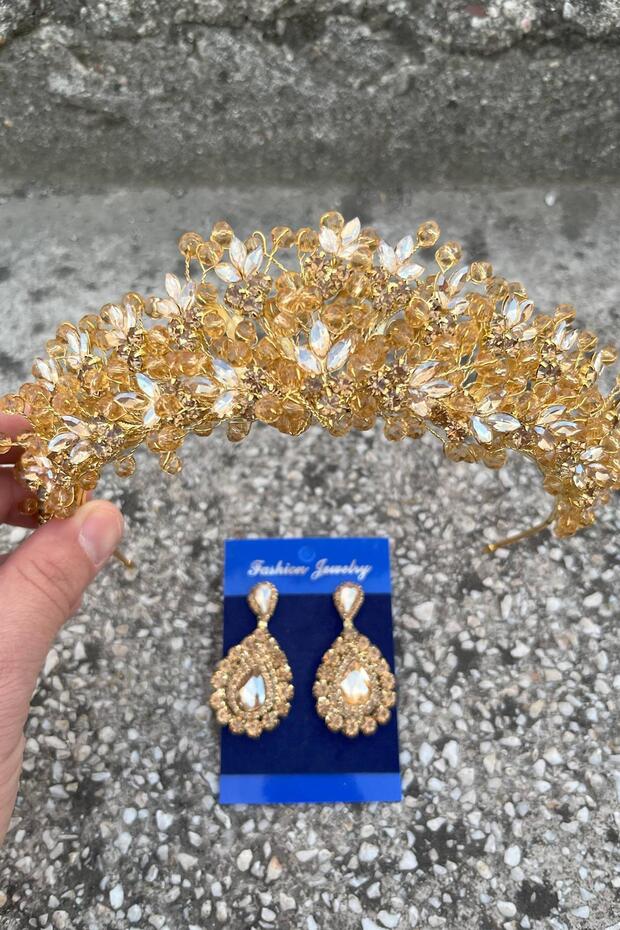 Amelia Gold Bridal Henna Crown Special Occasion Accessory Women's Crown and Drop Shuttle Earring Set