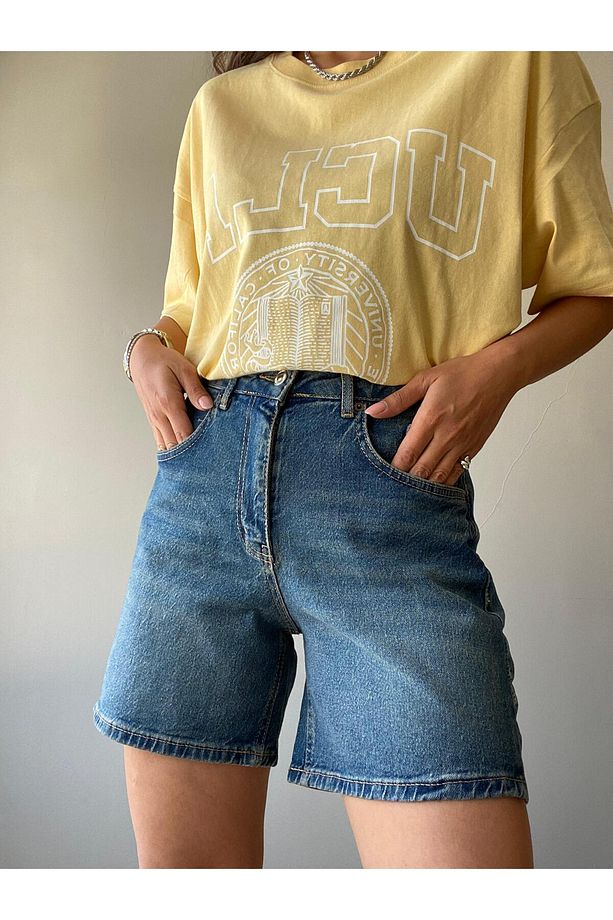 Yüksek Bel Denim Kot Şort - 1