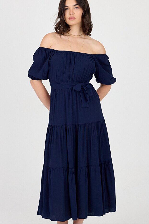 Midi Length Dress with Elastic Shoulders and Waist