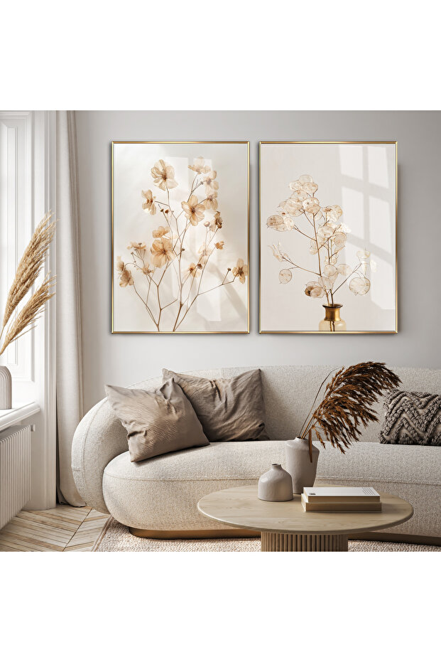 Amazing | Cream Flower Combination (Lunaria) | Framed Glass Table 2 Pieces Vertical