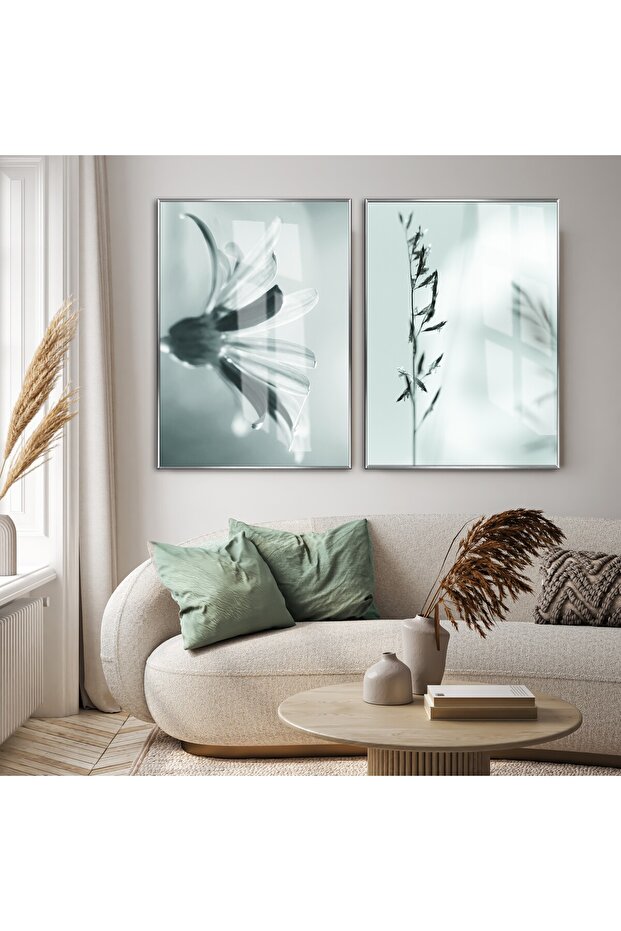Amazing | Soft Blue Flower Combination (Daisy) | Framed Glass Table 2 Pieces Vertical