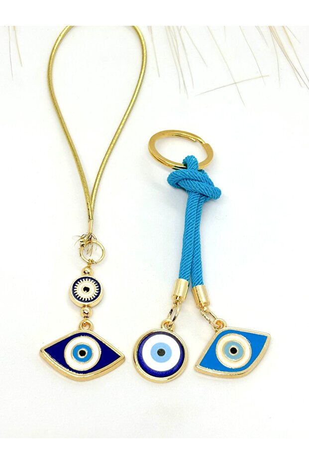 Navy Blue Eye Shaped Car Mirror Ornament, Car Charm and Blue Drawstring Eye Shaped Metal Keychain Set