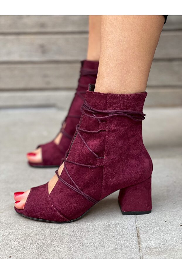 Smile Burgundy Cowhide Suede Lace-Up 5 cm Heeled Summer Boots