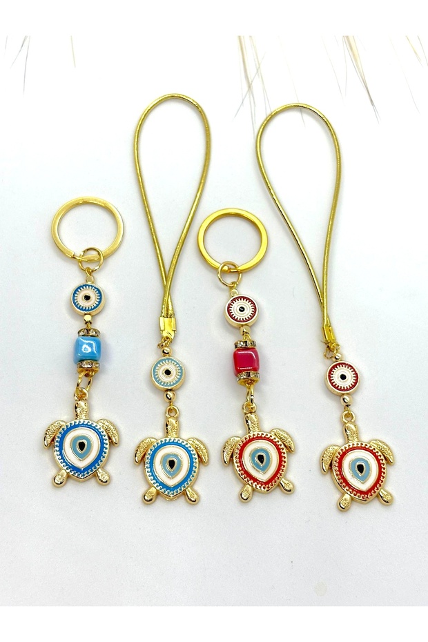 Set of 4 Blue and Red Turtle Car Mirror Ornaments, Car Charms and Metal Keychains