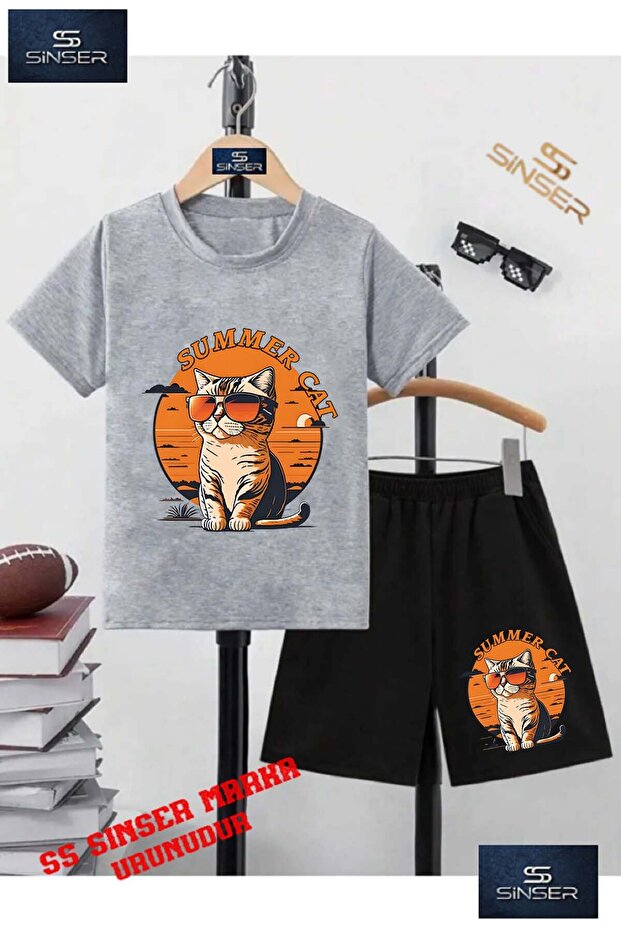Children's "Summer with Cat Glasses" Special Printed Crew Neck T-Shirt - Shorts Set